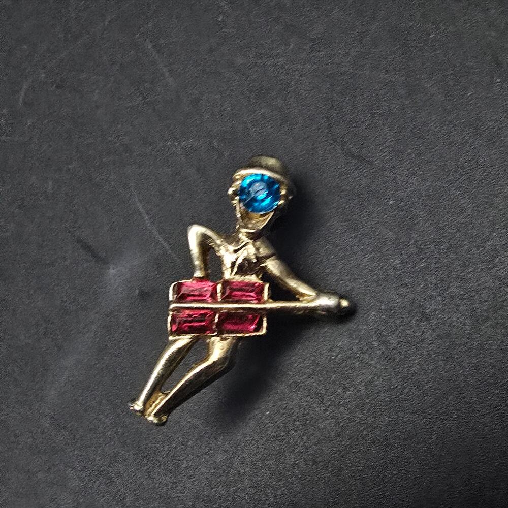 Rhinestone Guitar Player Brooch Pin Petite Gold Tone Vintage Music Gift